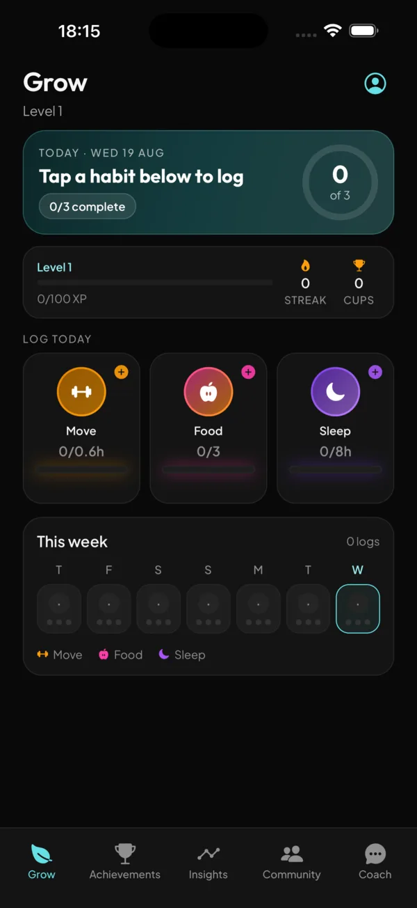 Daily Grow habits — Move, Food, and Sleep